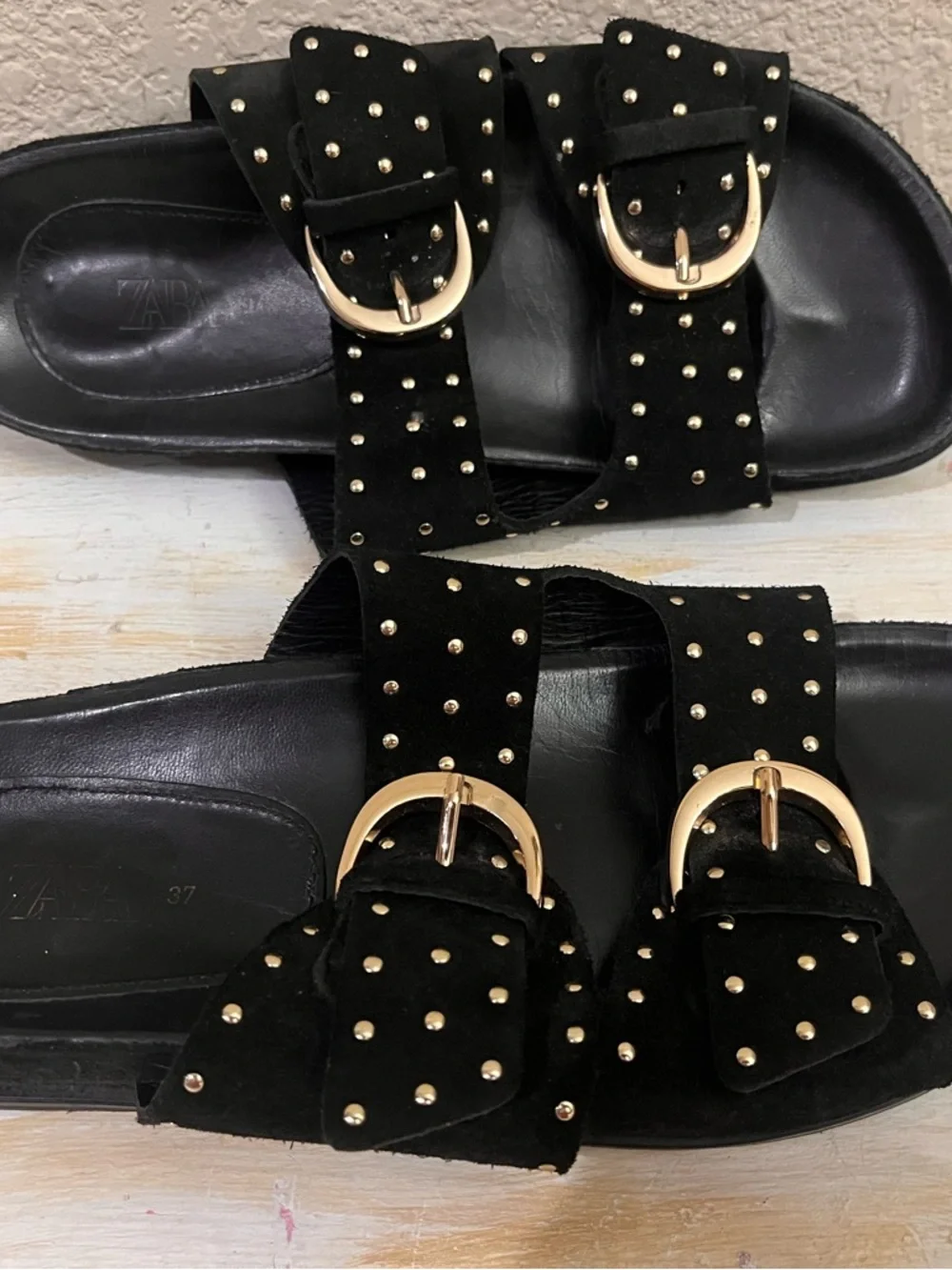Zara Black Studded Double-Buckle Slide Sandals - Picture 3 of 5